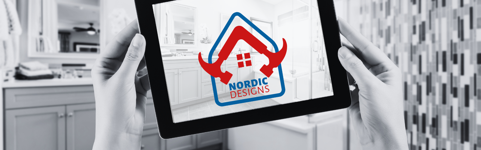 Nordic Designs logo over bathroom renovation